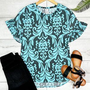 Patterned Ruffle Sleeve Top - MINT/GRAY